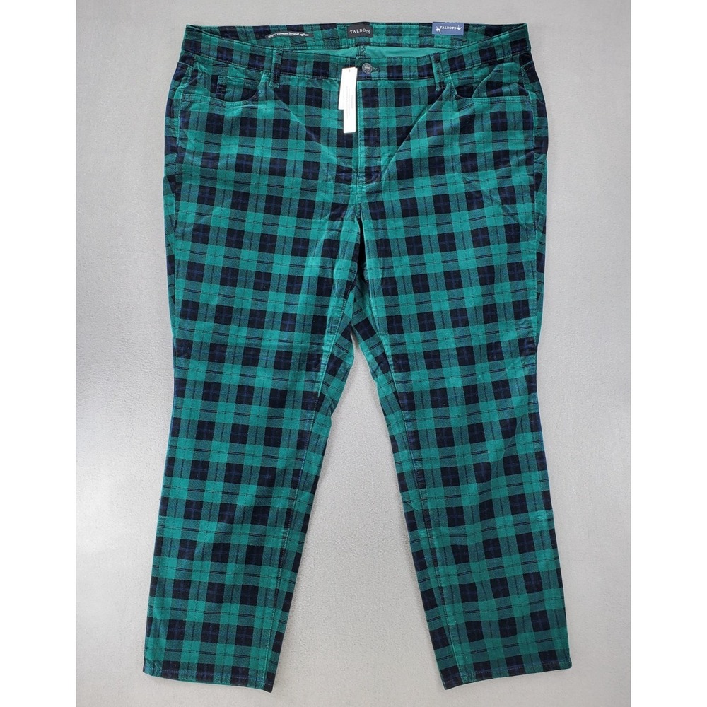 Talbots Velveteen Women 20Wp Green Plaid Skinny Ankle High Waist Tartan Corduroy